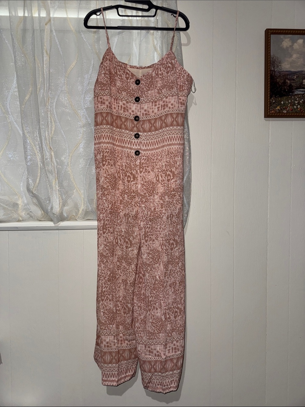 Spaghetti-Strap Printed Jumpsuit in Dusty Rose